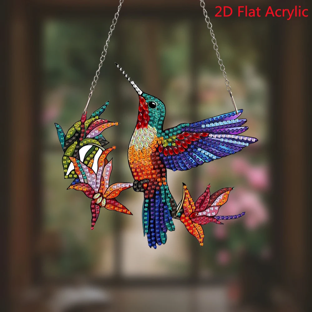 5D DIY Diamond Mosaic Hummingbird Flower Art Painting Kit Acrylic Pendant Hanging Decoration with Window Hanging Gift