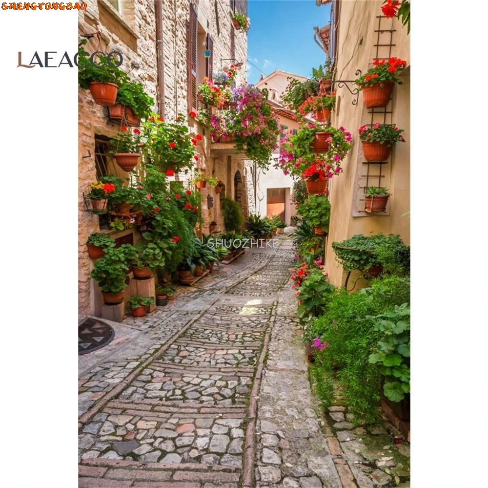 Old Town Potted Flower Vine Alley Corridor House Scenic Photo Backgrounds Photography Backdrops For Photo Studio
