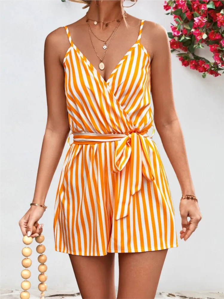 Summer Print Striped Sexy Beach Vacation For Women\'s One-piece Shorts Fashion Halter Casual Loose Lace Up Jumpsuit Shorts Female