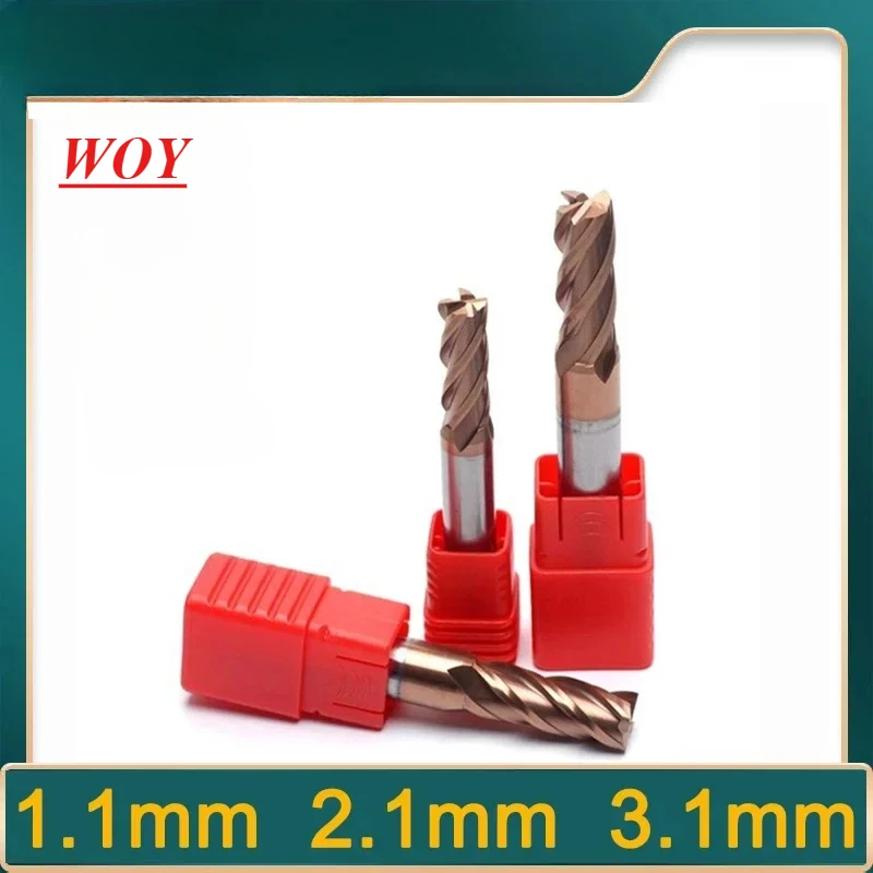 WOY D1.1mm 2.1mm Carbide End Mill HRC55 4 Flutes Decimal Point CNC Milling Tools Tungsten Carbide Steel Milling  D1.1-D11.9mm