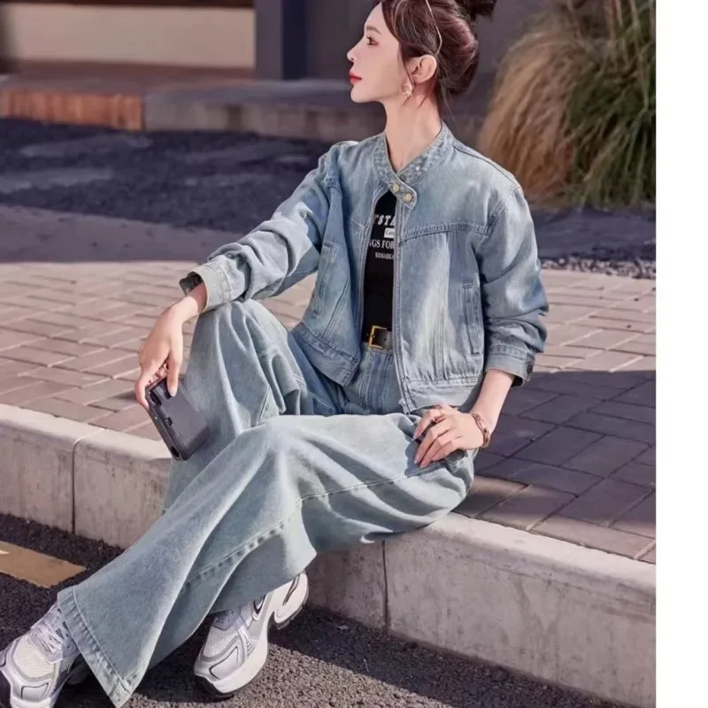 

High Appearance Level Early Spring Port Style Retro Denim Suit Women New Denim Coat Wide Leg Pants Two-piece Royal Sister Suit