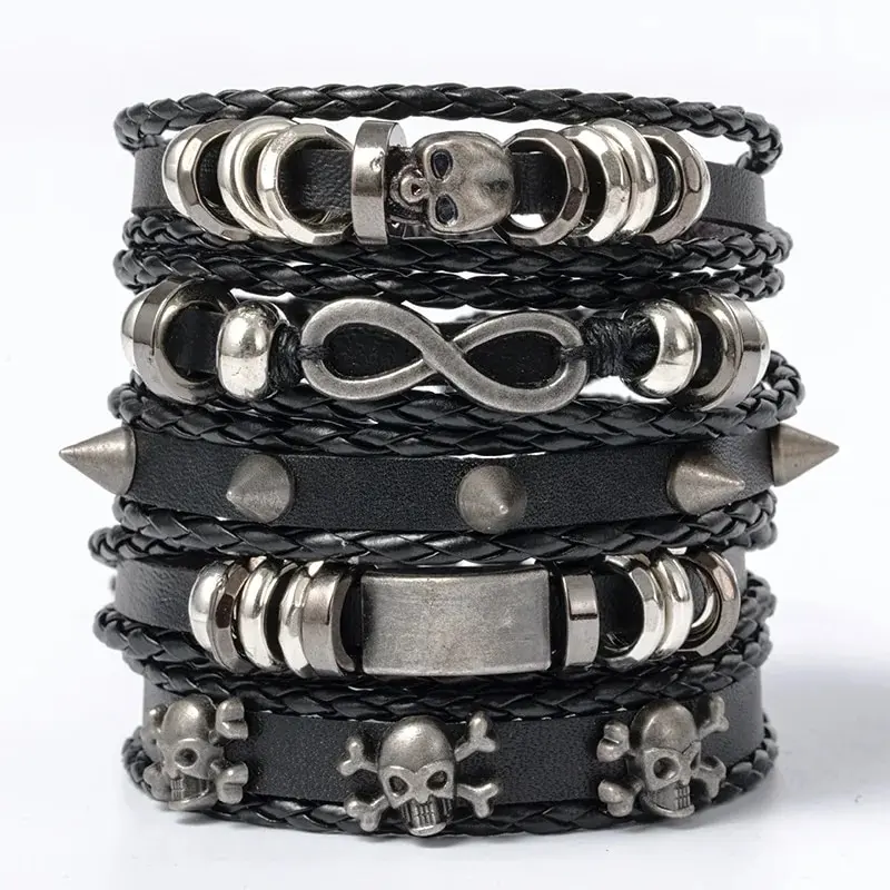 5pcs Metal Diy Braided Punk Style Bracelet Set, Featuring Pu Leather And Beads