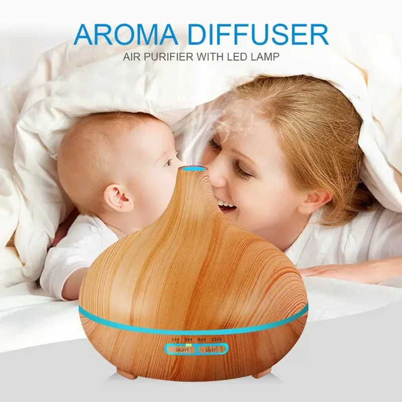 500ml Wood Grain Humidifier with 7-Color LED for Sleep, Stress Relief & Air Freshening