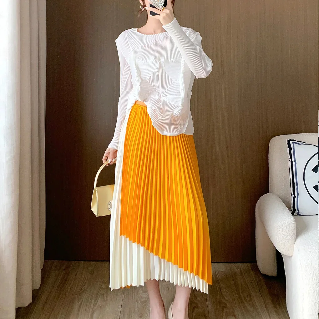 Pleated skirts for women Miyake Fashion high waist irregular patchwork color contrast A-line skirt