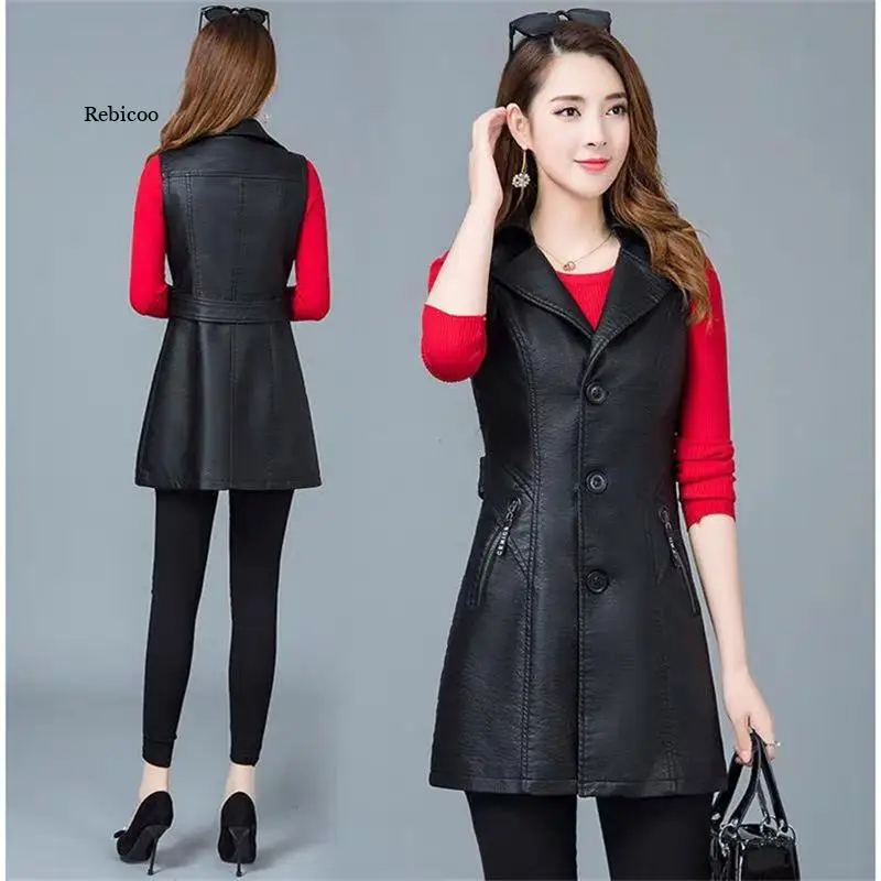 

Black PU Leather Vest Jacket Women's Waistcoat Long Suit Vest Sleeveless Women Cardigan Suit Vest Outcoat Black Outwear