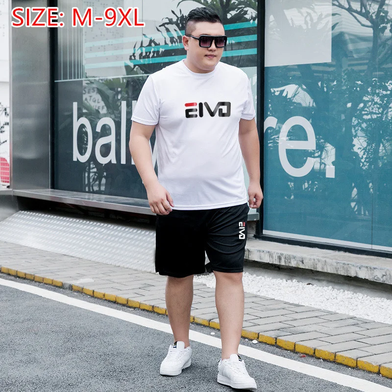 

9XL Men Summer White Tee Shirt Shorts Sets 2 Two Piece Black Grey Plus Size 6XL 8XL 7XL Quick Dry Sports Tops Tracksuit Clothes