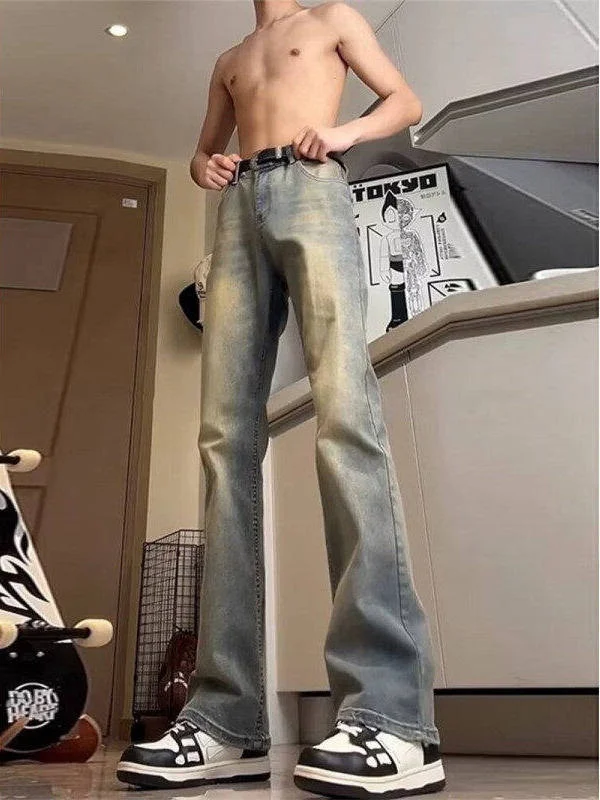 

Мужские джинсы-клеш с высокой талией в стиле ретро, синие, удлиненные, прямые, облегающие, из денима, в американском повседневном стиле