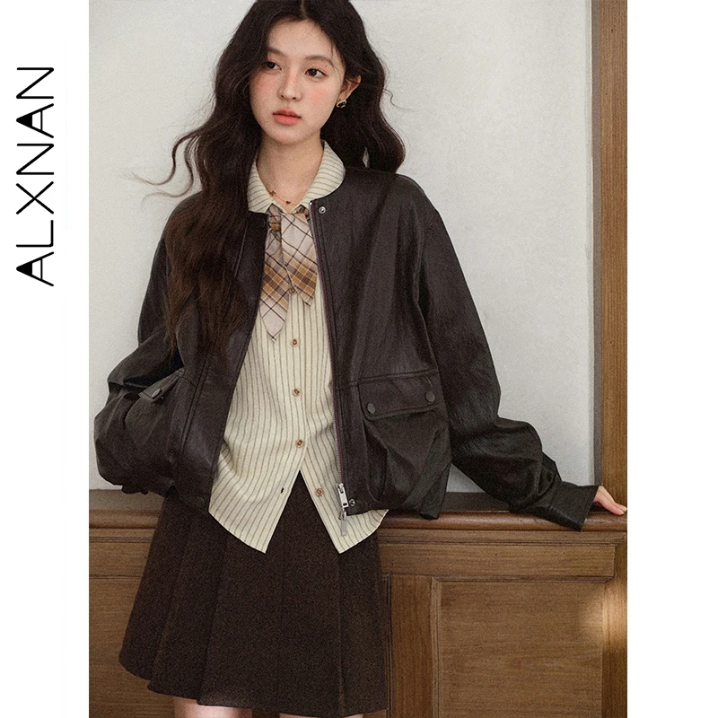 ALXNAN Brązowa Krótka Skórzana Kurtka Damska 2025 Jesień Zima Nowa Vintage Luźny Krój Skórzane Płaszcze Okrągły Dekolt Kurtka na Zamek L58058-1