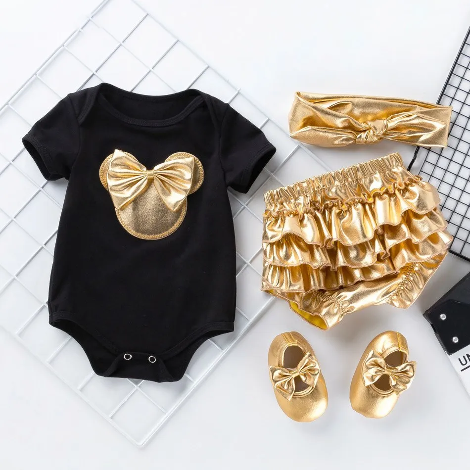 Baby Girl Minnie Mickey abbigliamento Set bambini manica corta nero bianco pagliaccetto oro Bloomer mutandine scarpe fascia Outfit 0-2 anni