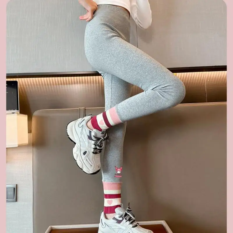 Sanrios Girl Leggings Spring Autumn Anime Figure Velvet Thicken Kuromi Wear Outside Keep Warm Kawaii Cartoon Child Pants