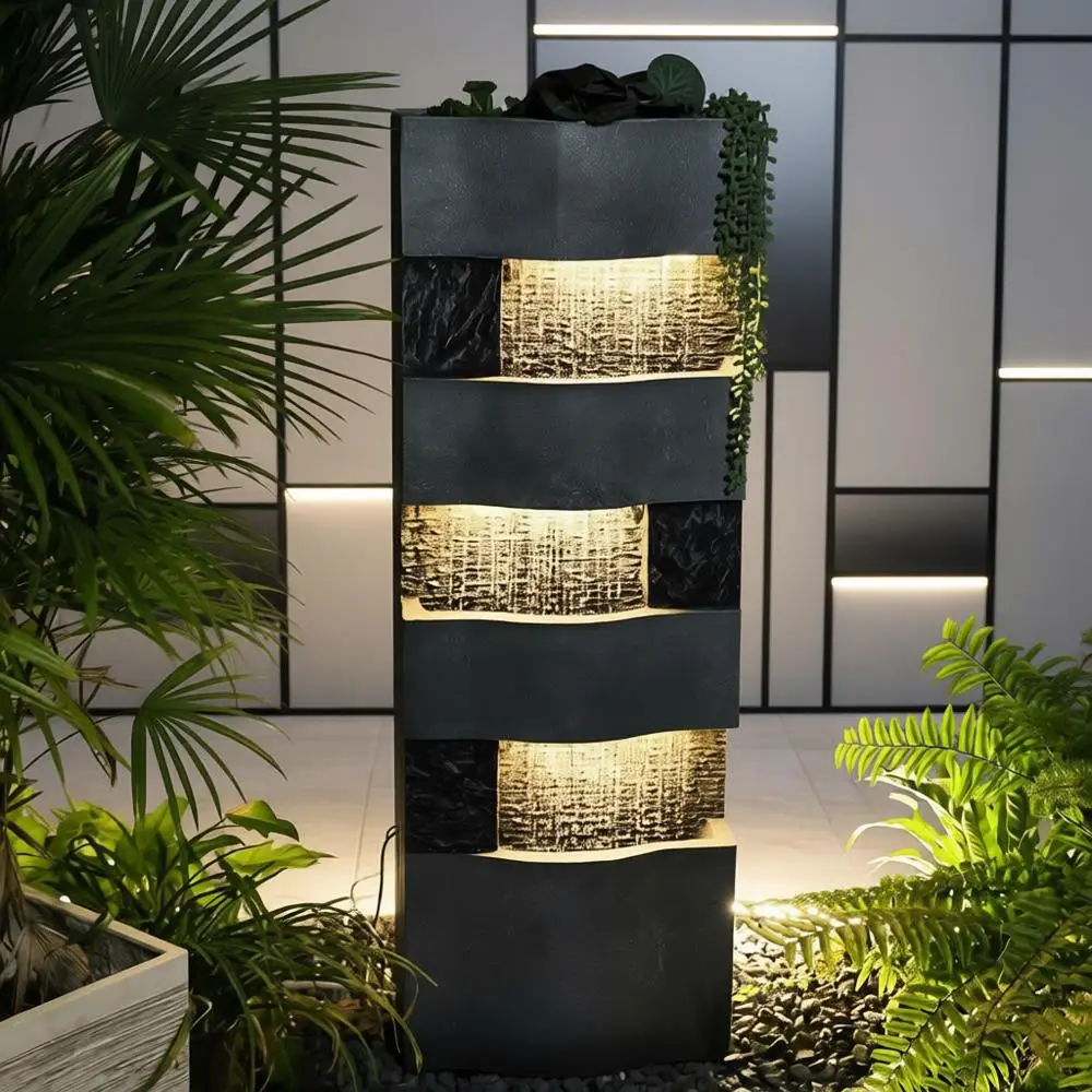 

40.5''H Garden Water Fountain Outdoor,4 Tiered Floor Standing Waterfall Outdoor Fountains with LED Lights for Garden, Patio, Bac