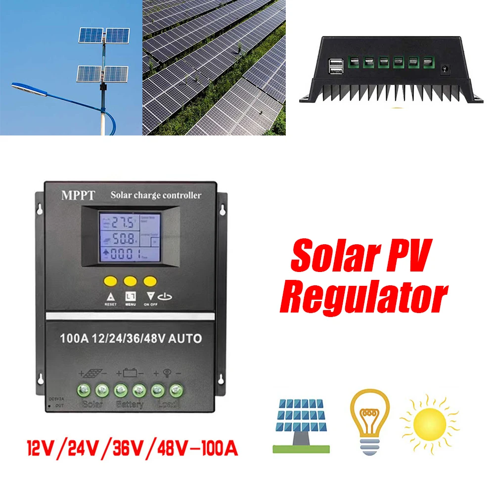 

Контроллер заряда солнечных батарей MPPT 100А с ЖК-дисплеем, регулятор заряда солнечных панелей 12В 24В 36В 48В для солнечных батарей