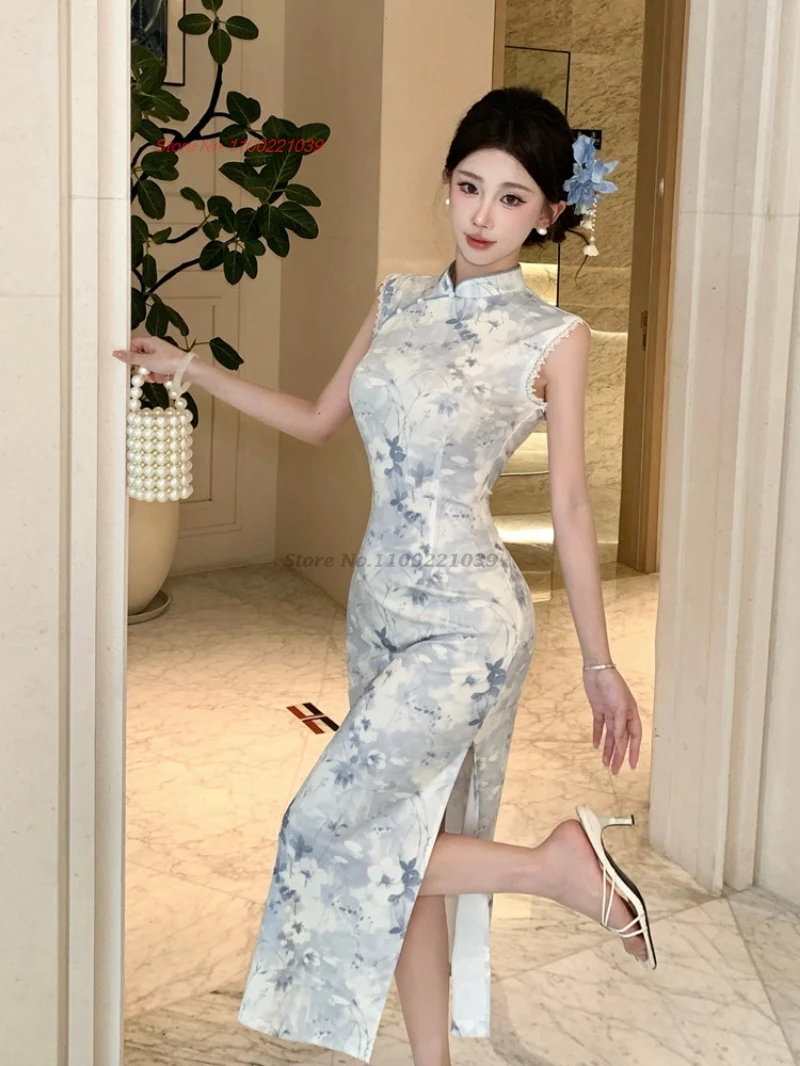 

2026 chinese sexy cheongsam sleeveless qipao national flower print evening party dress traditional banquet nightclub dress qipao
