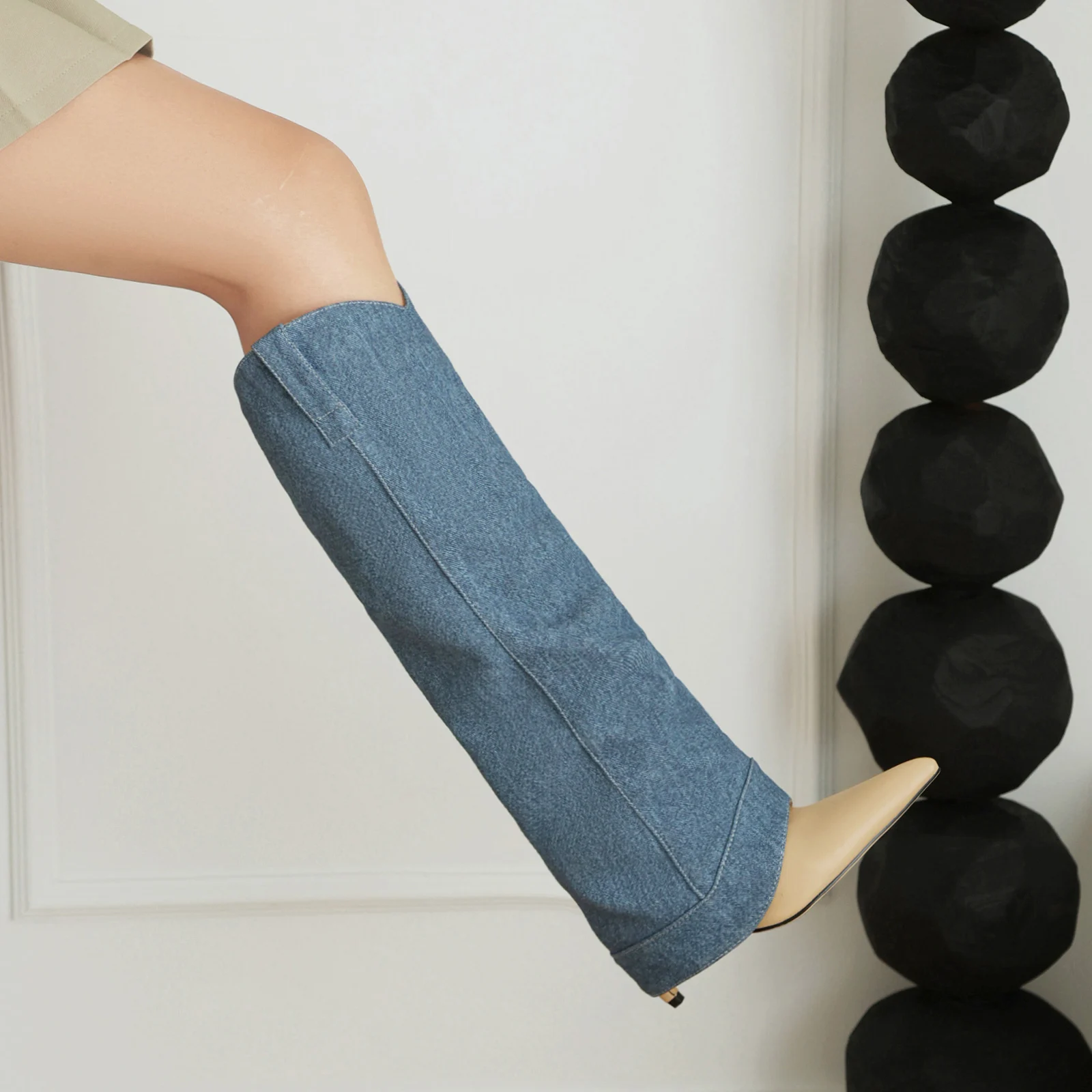 

12cm Denim Leg Boots 25 Foreign Trade Autumn New Style European and American Style Pointed Head Side Zipper Thin Heel High Heels