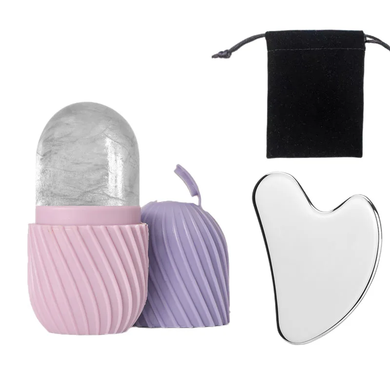 ลูกกลิ้งหน้าน้ําแข็งซิลิโคนและชุดเครื่องมือขูดสแตนเลส (พร้อมถุงเก็บ) เครื่องมือดูแลผิวหน้าแบบใช้ซ้ําได้ 2 ชิ้น