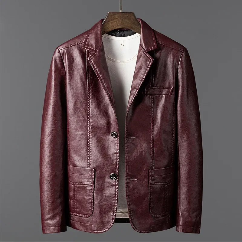 PU Leather Jackets Men Slim Fit Full Sleeve Coats Single Breasted Spliced Turn Down Collar Jacket Punk Mens Casual Male Autumn