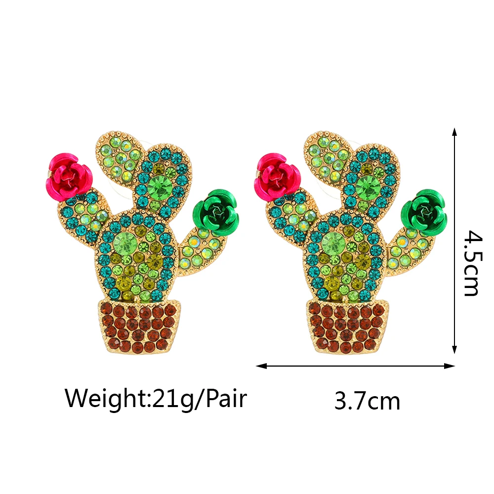 Cactus Female Unusual Decor Festival Party Jewelry Trend Luxury Full Rhinestone Charm Stud Earrings For Women Accessories Gift