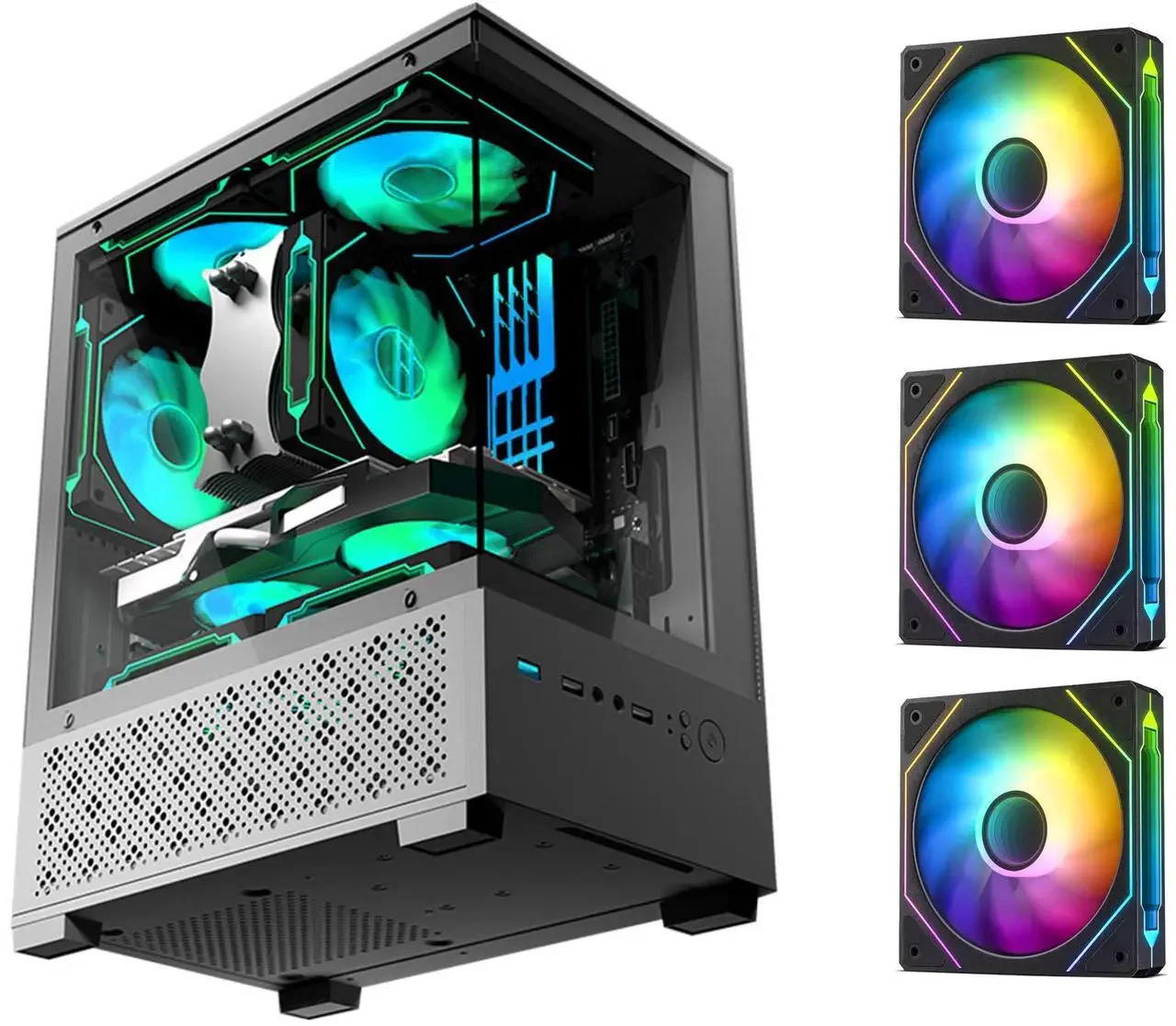Micro ATX Case, MATX PC Case with 3 X 120mm 3-Pin ARGB Fan Pre-Installed, Panoramic View Tempered Glass Front & Side Panel