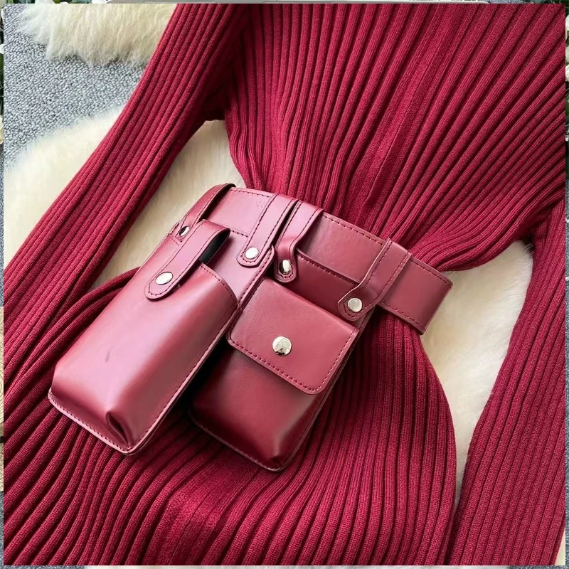 Style High-end Stand Up Collar Zipper Slim Fit Slimming Knitted Dress Women, Collection Waist Bag