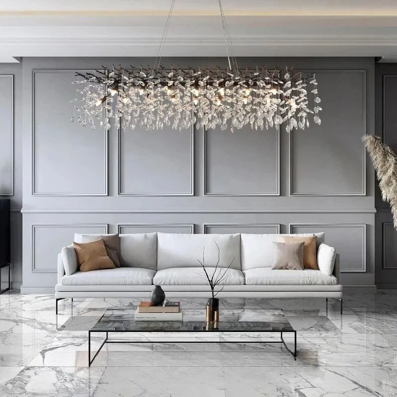 2025 Black Branch Rectangular Raindrop Chandelier Living Room G9 Base Modern Tri Color Light Hanging Pendant Light Indoor Decor