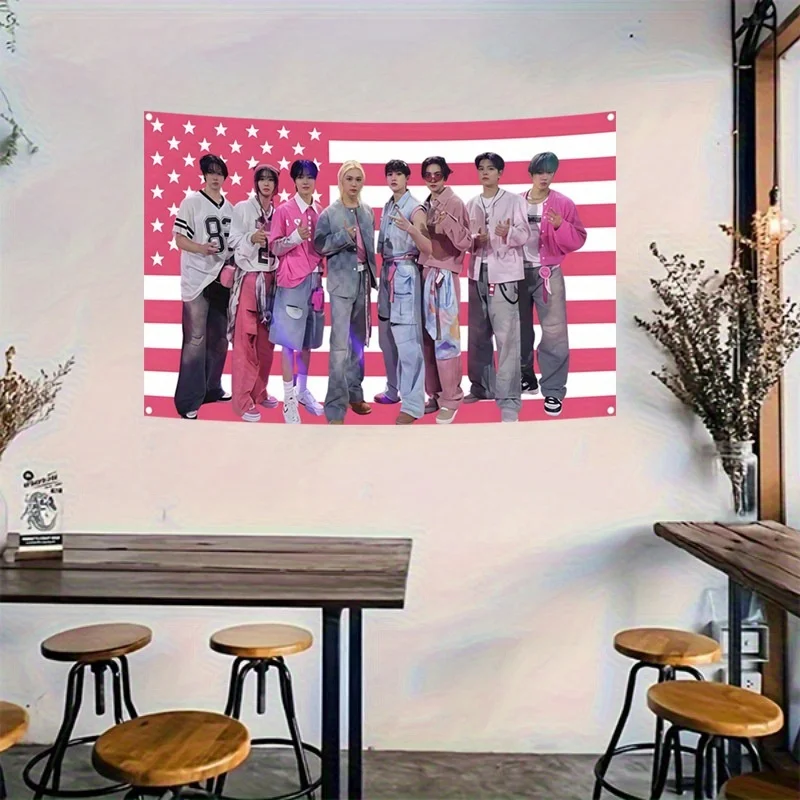 One stray member poster tapestry patriotic design with an American flag background stray concert banner and a skz kpop banner view 4