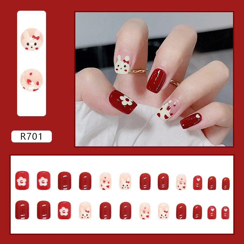 

24PCS Minimalist Bunny Press-On Nails – Medium Square Shape With Floral & Heart Motifs (Sweet Ins Style)