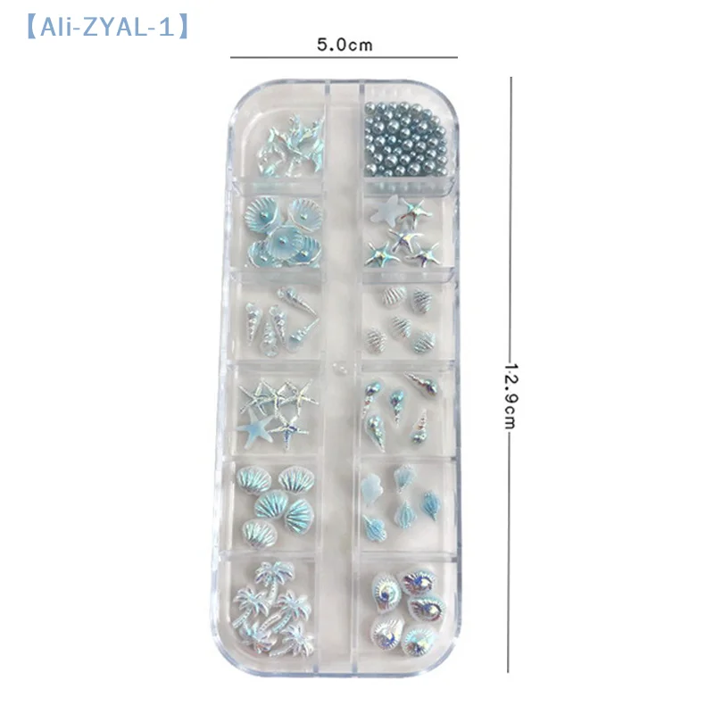 【ZYAL-1】กล่อง 12 ช่อง/กล่อง อุปกรณ์ตกแต่งเล็บลายเปลือกหอย ดาวทะเล หางนางเงือก สำหรับงานศิลปะ 3 มิติ เพื่อลุคเล็บที่ดูชวนฝันและคล้ายมหาสมุทร