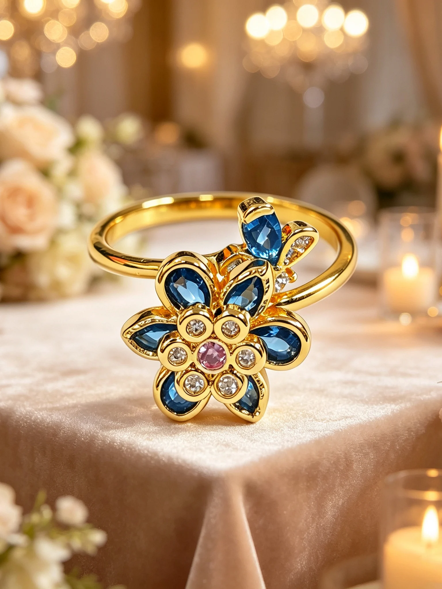 Luxuriöser ovaler Ring mit rosa CZ und mehrfarbigen Edelsteinen, vergoldeter Statement-Cocktailring, eleganter Damenschmuck, Geschenk zum Jahrestag – Detail 6