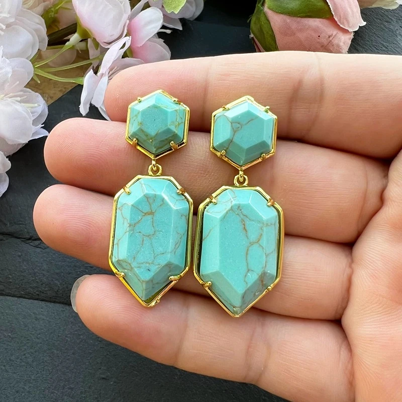 18X45mm Damen Ohrstecker Geometrischer Edelstein-Schmuck Doppelseitig Facettierte Sechseckige Schwertspitze auf Naturstein Labradorit Ohrringe – Detail 5