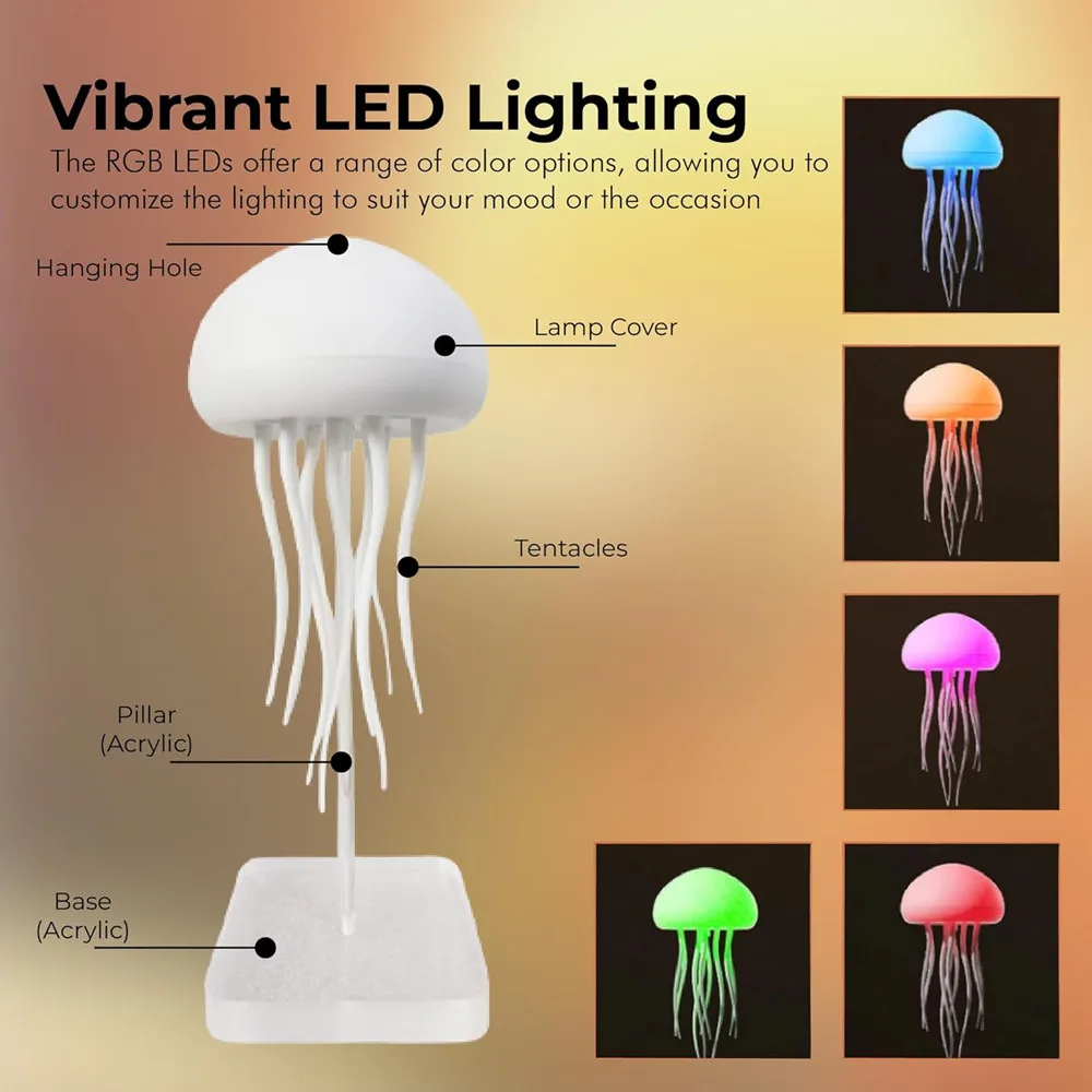 RGB Gradient Rechargeable Smart LED Jellyfish Night Light,USB,Sound & Touch Control,Table Lamp for Bedroom & Living Room Decor