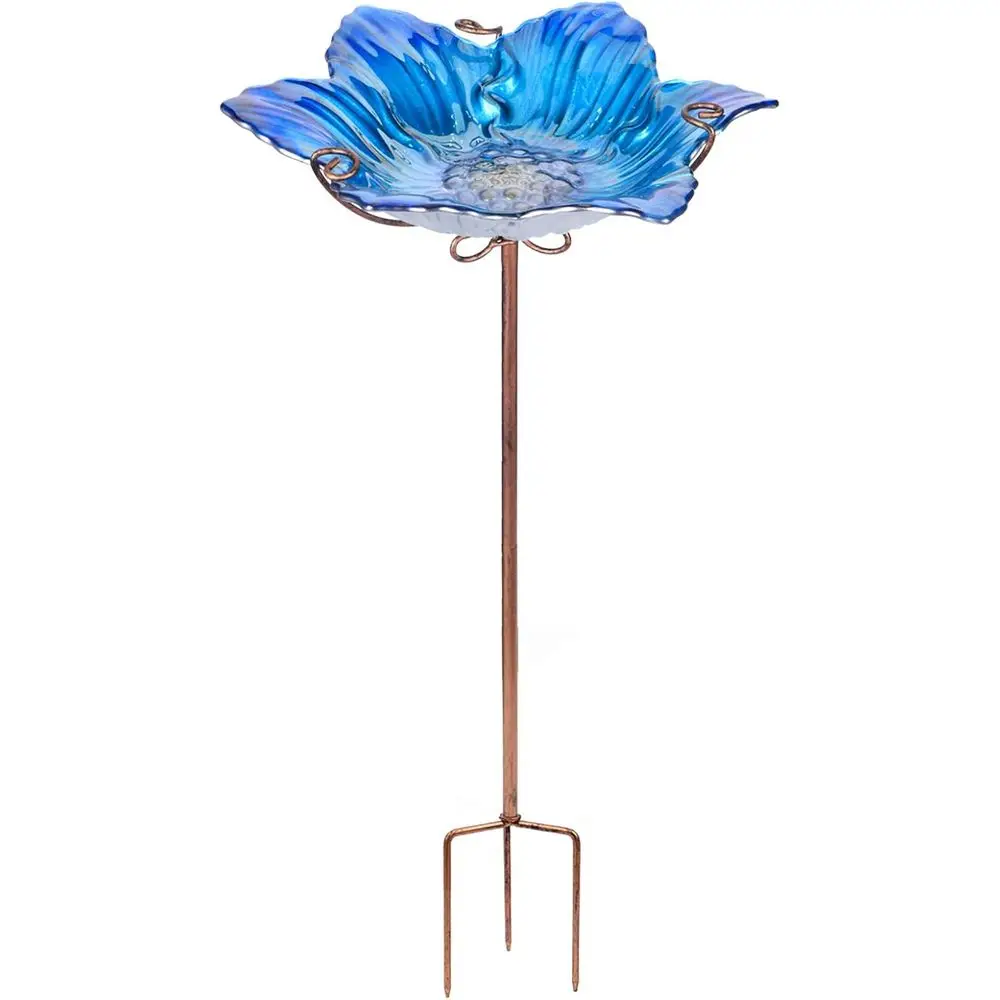 Glass Bird Bath Outdoor Bird Feeder Blue Lower Bowl with Metal Stake | Attracts Birds with Vibrant Glass Design, Doubles as Feed