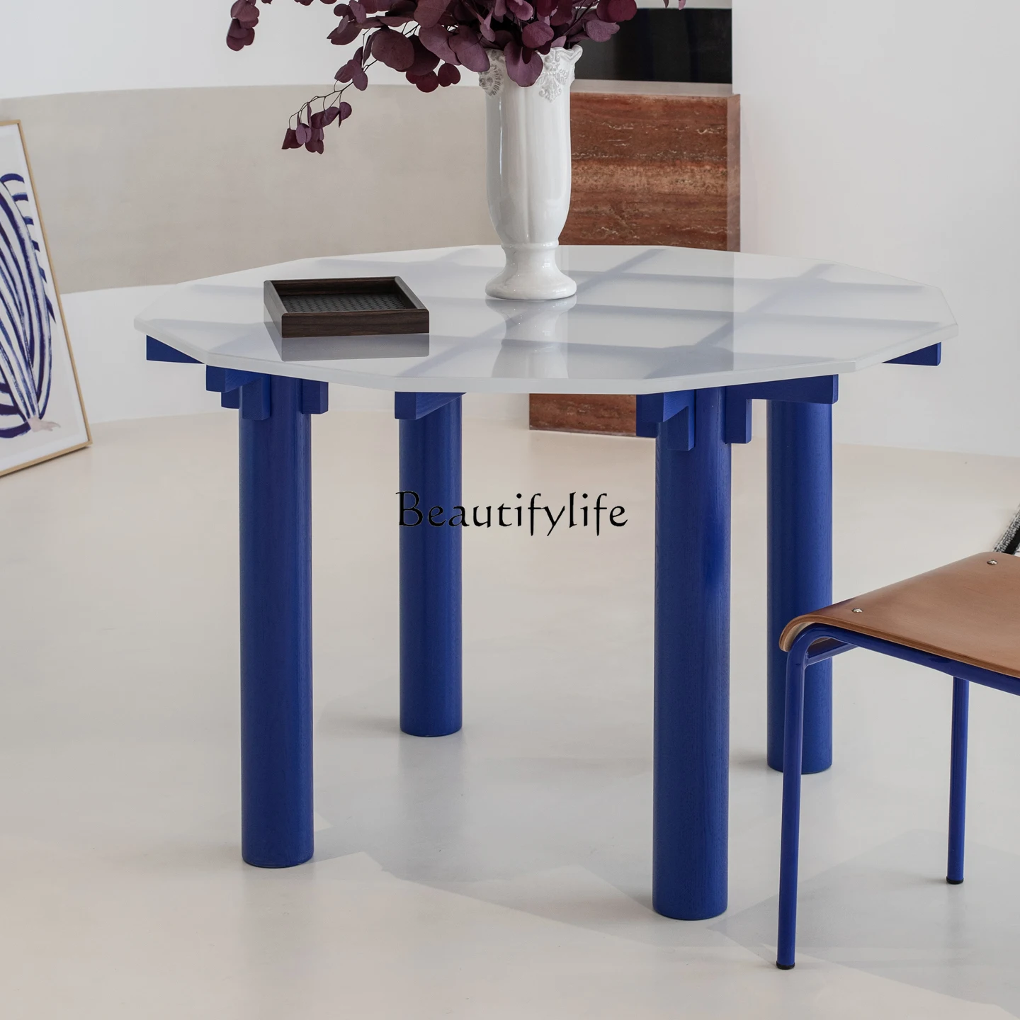 

Polygonal acrylic transparent round dining table household modern light luxury high-end solid wood leg round table