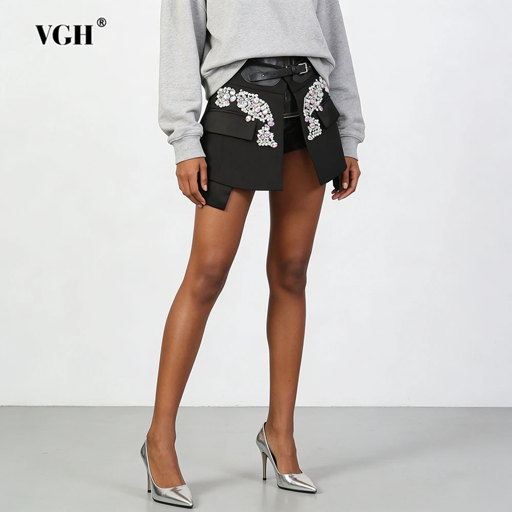 VGH Sexy Slimming Spliced Diamonds Mini Skirts For Women High Waist Summer Temperament Solid Party Skirt Female Fashion Style