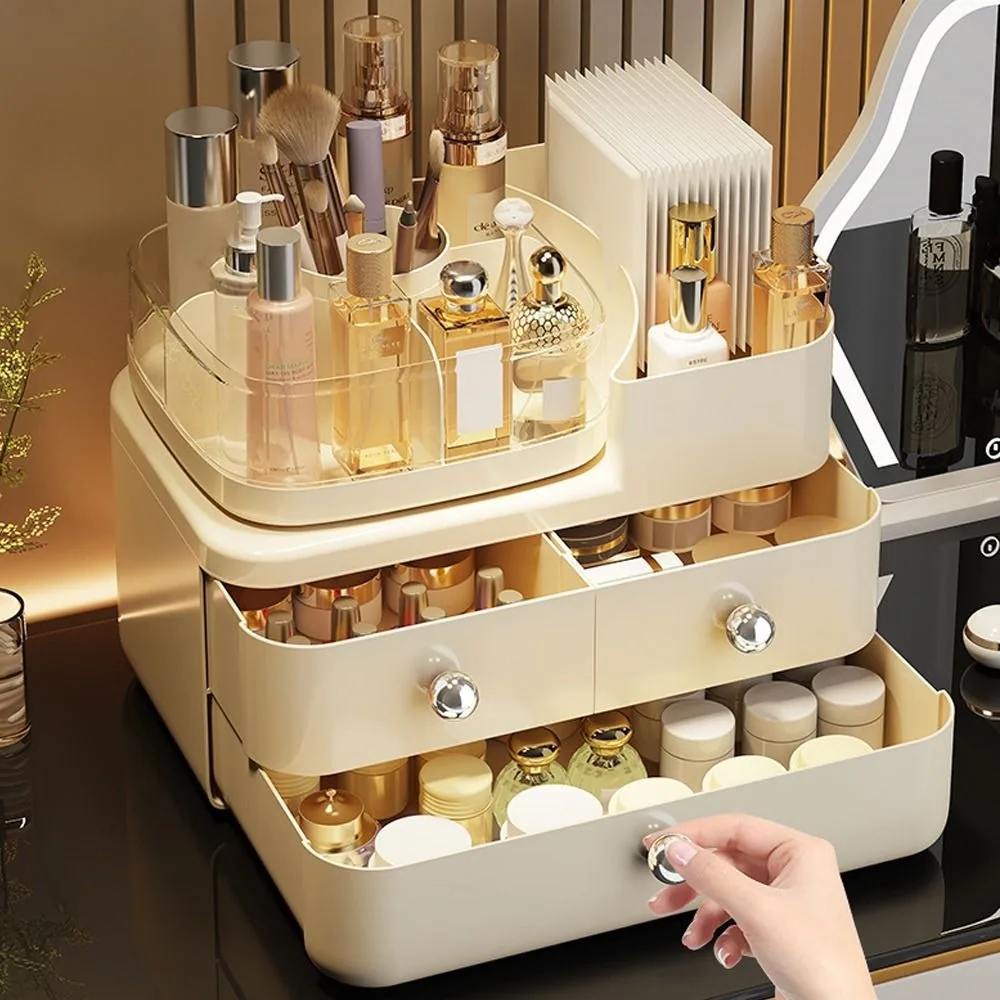 

360° Rotating Dustproof Makeup Organizer Cream Series Space-Saving Cosmetic Display Case Large Capacity with Drawers