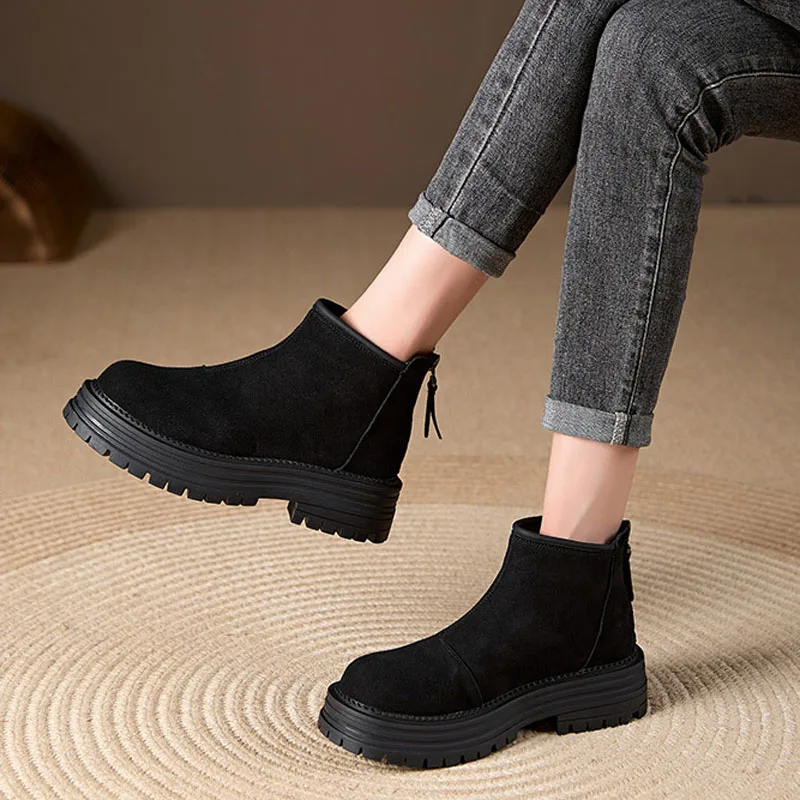 

Женские ботинки из коровьей замши с круглым носком, зимне-осенняя обувь на толстой подошве, женские лаконичные ботильоны на платформе для отдыха для женщин
