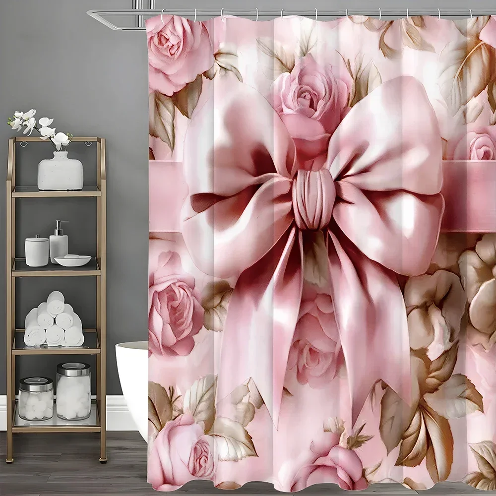 

Pink Bow Rose Floral Shower Curtain, Bathroom Decorative Shower Curtain, Waterproof Shower Curtain with Hooks