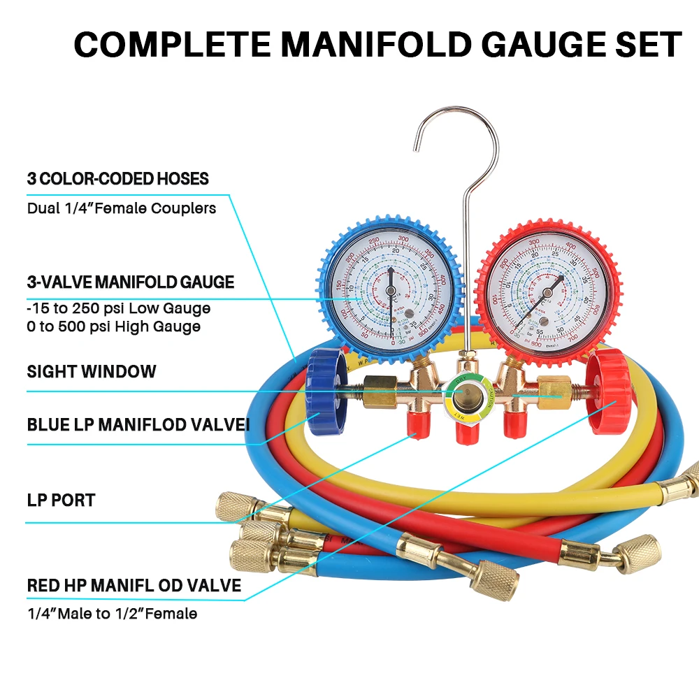 Freon R314A R22 Air Conditioning Recharge Hose Refrigerant Dual Gauge Valve Tool Set Measuring Gauge Car Air Conditioner Tools