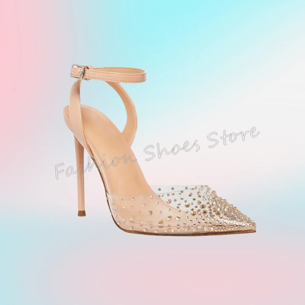 

Apricot Ankle Buckle Pointed Toe Crystal Sandals Thin High Heels High Heel Shoes for Women Heels 2025 New Zapatos Para Mujere