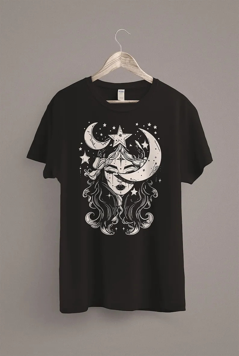 Moon Goddess TShirt  Celestial Crescent Moon  Witch Clothing  Witchy Shirt  Wiccan Witchcraft  Pastel Goth