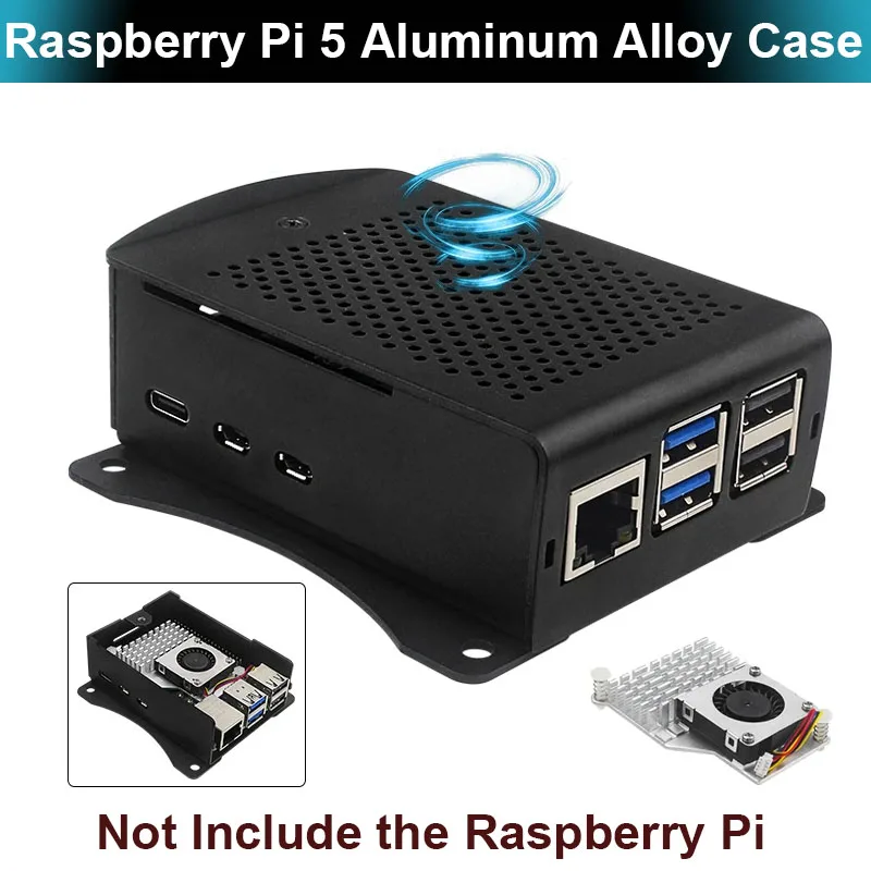 Raspberry Pi 5 Aluminum Alloy Case Metal Shell Optional Aluminum / Copper Heatsink PWN Cooling Fan Black Box for Raspberry Pi 5