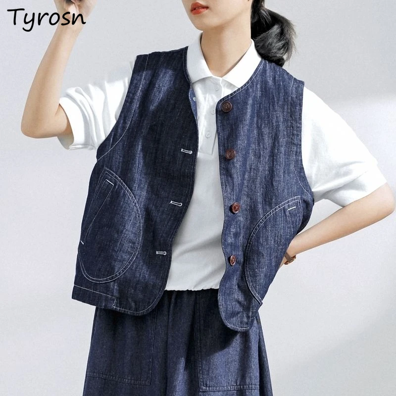 

Vests Women Design Denim Japanese Style Loose Elegant Comfortable Leisure Retro All-match Solid Autumn Simple Fashion Student