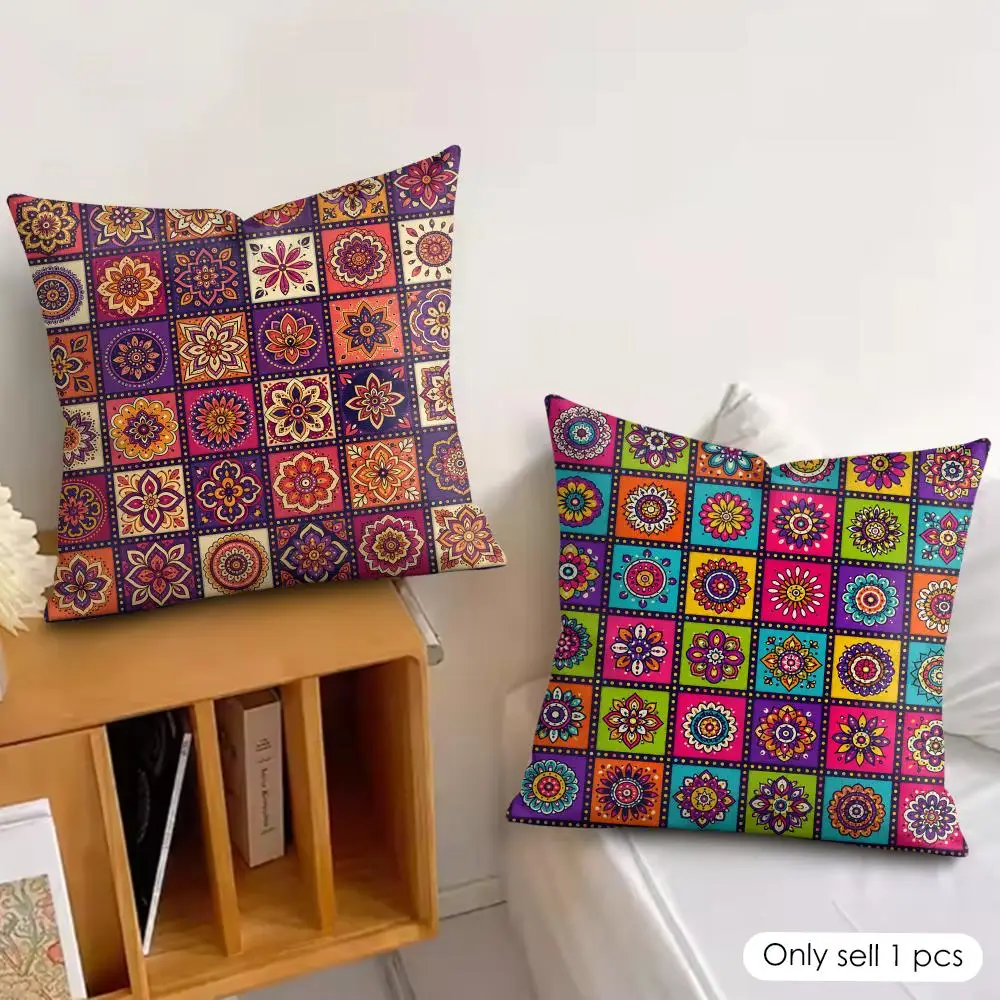 Vintage Bohemian Floral Grid Cushion Cover Silky Short Plush Invisible Zipper Dustproof Sofa Pillow Case For Home Decor