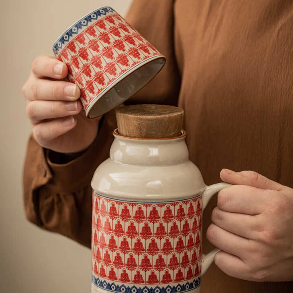 

1 set Ceramic Carafe Cup Set Vintage Style Water Pitcher With Handle Coffee Pot Kit Stackable Space Saving Leak Proof Cork Lid