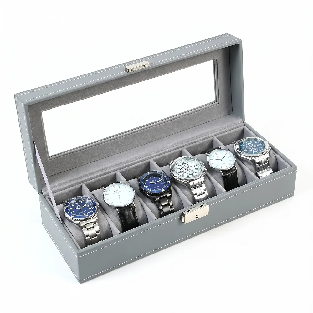 1 Pcs 6 Slots PU Leather Watch Box Organizer with Clear Glass Top, Jewelry Display Case for Men Women Jewelry Packaging Display