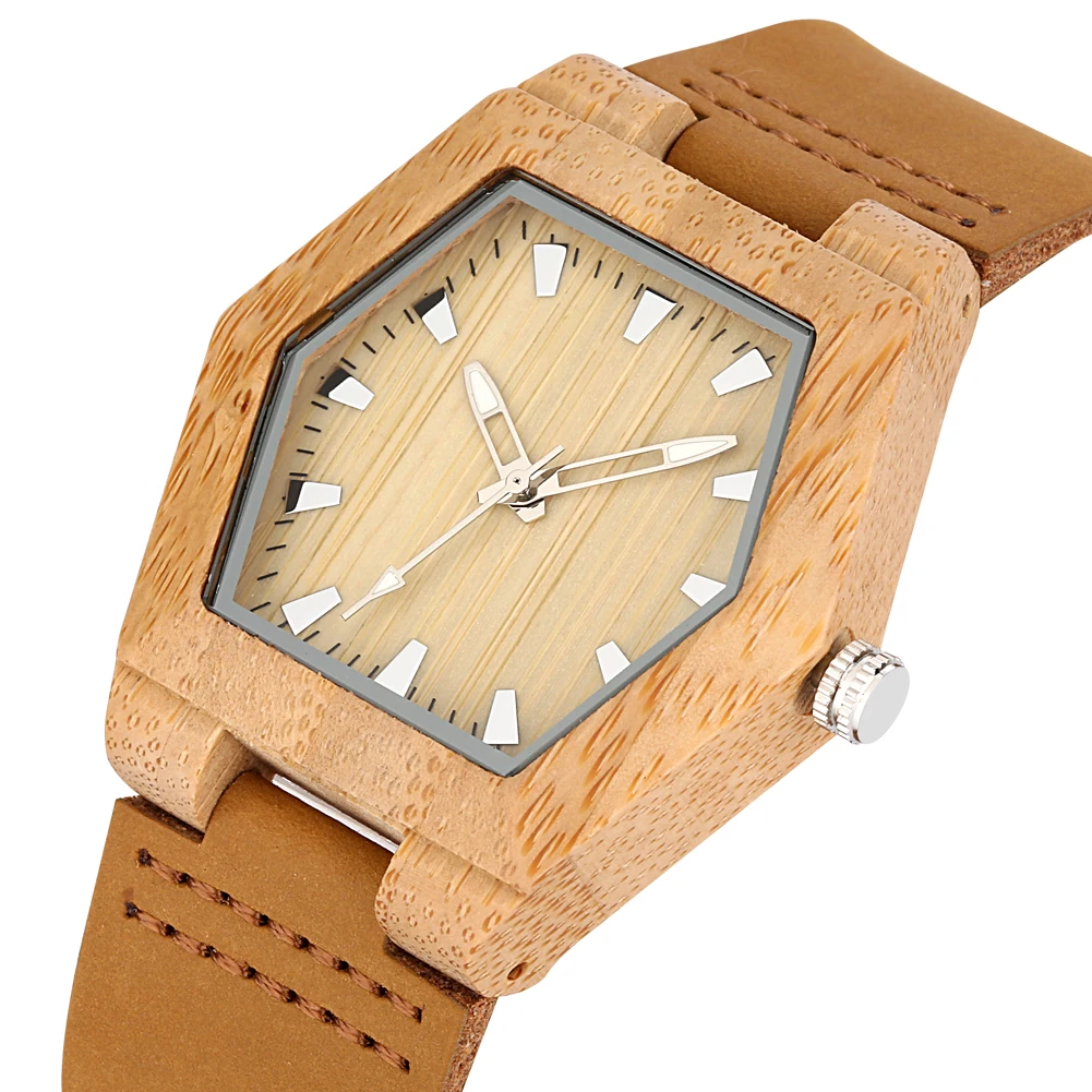 Natural Wood Women\'s Quartz Genuine Leather Band Wristwatch Creative Hexagon Shaped Watch Case Elegant Stylish Ladies Watches