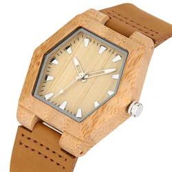 Natural Wood Women's Quartz Genuine Leather Band Wristwatch Creative Hexagon Shaped Watch Case Elegant Stylish Ladies Watches