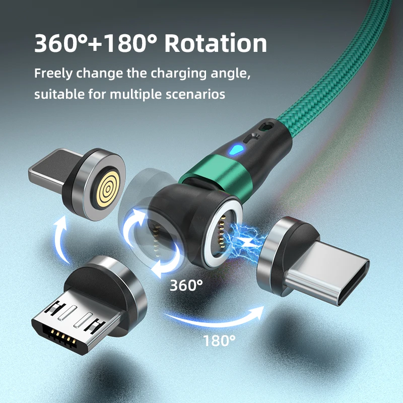 540 Rotate Magnetic Cable with Storage Case 3A Fast Charging Micro USB Type C Cable For iPhone 15 14 Xiaomi Samsung Data Cord