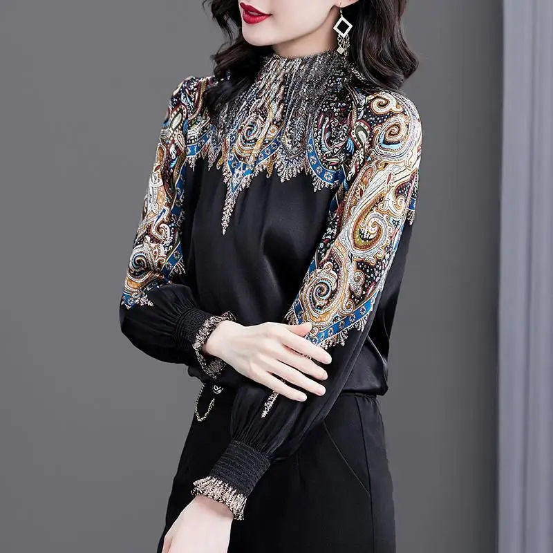 Chinese Style Pattern Printing Imitation Silk Black Patchwork Ladies T-Shirts Embroidery Luxury Lantern Sleeve Turtleneck 4XL