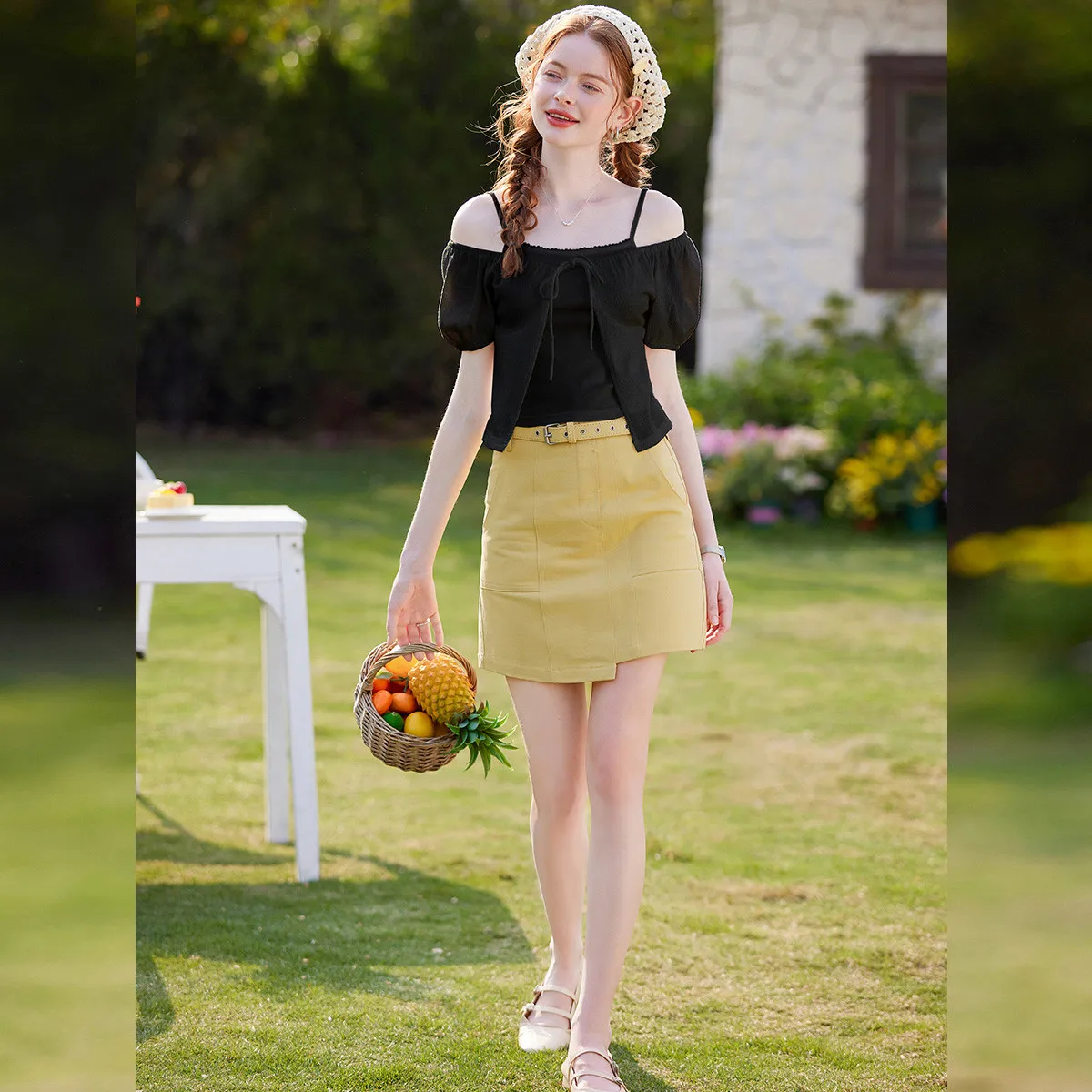 LOUISYAO Dolce Design in Tinta Unita Manica Corta Tees 2025 Estate NewTops Pullover Falso in Due Pezzi Patchwork T-Shirt da Donna