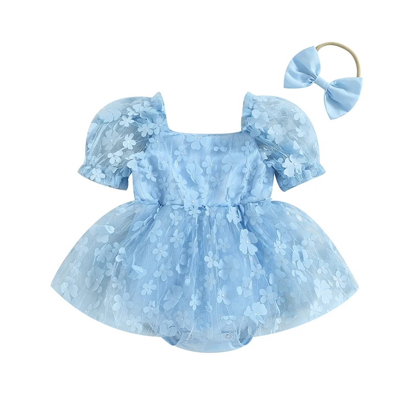 Conjunto de 2 piezas para niña, vestido mameluco de manga corta con flores y diadema bonita, ropa de verano